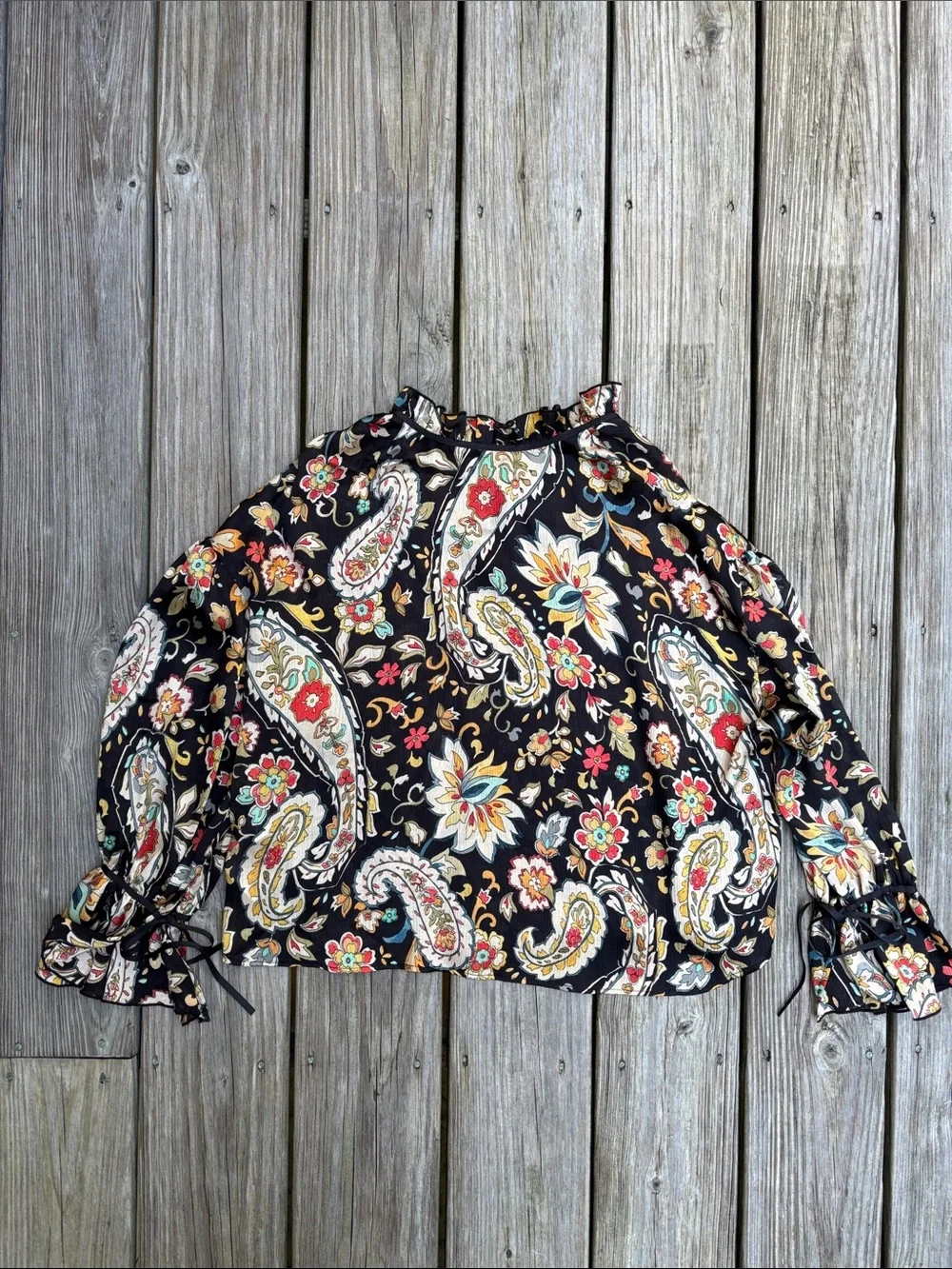 ZARA | Black Boho Chic Paisley Floral Tie Neck Ruffle Romantic Goth Blouse | S